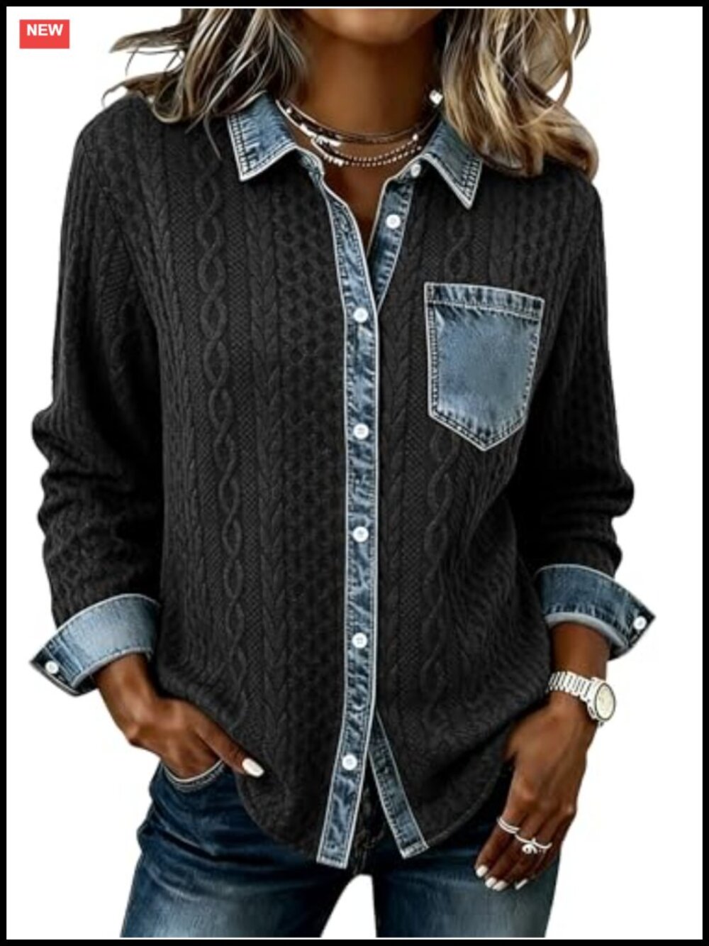 Women's Cable Knit Shacket Denim Patchwork Button Front Casual Jacket